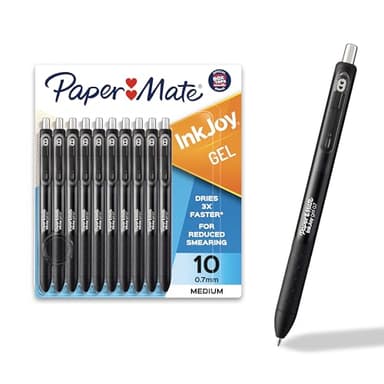 Paper Mate InkJoy Gel Pens, Black, Medium Point (0.7mm), Comfort Grip, 10 Count - Fast Drying Ink, Smooth Writing, Office Supplies