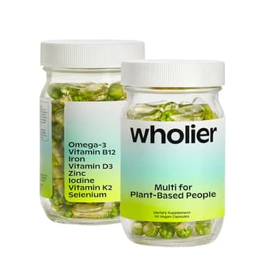 wholier Plant Based Multivitamin Vegan Omega-3 DHA EPA, Vitamin D, B12, Zinc, Vitamin K2, Iron, Iodine, Selenium. 60 Count (30-Day Supply) Glass Bottle