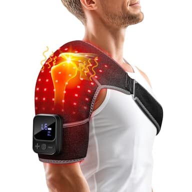 Red Light Therapy for Shoulder with Heat & Massage, 6 Modes 5000mAh Cord-Free Controller Infrared Light with 216 Beads 660nm & 850nm Portable Heated Shoulder Pad, Last 110-240mins
