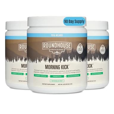 ROUNDHOUSE PROVISION Morning Kick by Chuck Norris - Watermelon Mint Flavor - Greens Superfood Powder with Probiotics, Collagen Peptides & Ashwagandha to Help Support Gut & Joint Health, 3 Pack