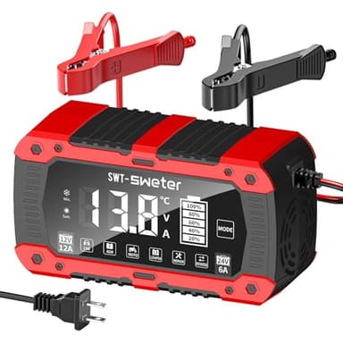 SWTsweter 12A Smart Car Battery Charger, 12V/24V Automatic Battery Maintainer & Desulfator - Compatible with LiFePO4 Lithium, AGM, Gel, SLA, Lead-Acid for Truck, Motorcycle, Lawn Mower, Boat