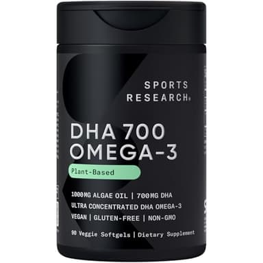 Sports Research® Vegan DHA 700mg - Cognitive Support, Brain Support, Supplement with Omega-3 DHA from Algae Oil - Vegan Certified · Non-GMO · Gluten Free - 90 Count Softgels