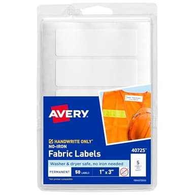 Avery No-Iron Fabric Labels, 1" x 3", Washer and Dryer-Safe Waterproof Labels, Non-Printable, 50 Total (40725)