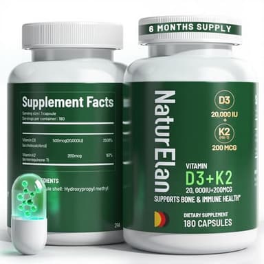 Vitamin D3 K2 - 20,000 IU D3 + 200mcg K2(MK-7), 180 Capsules, Supports Bone, Immune, Heart & Teeth Health, Third-Party Tested, Vegan, Non-GMO, Gluten Free K2 D3 Vitamin Supplement for Men & Women
