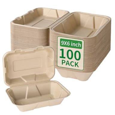 Aricsen Compostable 100 Pack 9x6 Inch Takeout Lunch Box Containers with Lid To Go Take Out Clamshell for Food, Disposable Eco-Friendly Biodegradable Bagasse, PFAS-Free, Brown