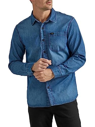 Lee Men's All Purpose Classic Fit Long Sleeve Shirt, Denim Medium Wash Indigo, Large