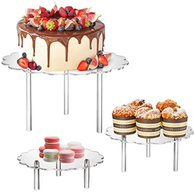 Okllen 3 Pack Clear Acrylic Cake Stands, Cupcake Stand Cake Holder, Countertop Dessert Display Riser for Bakery, Appetizer, Birthday Wedding Party Baby Shower, Flower Shape