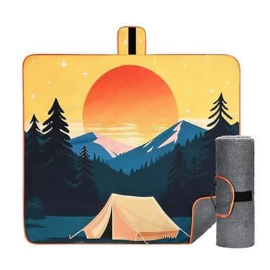 Tirrinia Waterproof Outdoor Blanket with Sherpa Lining, Warm Windproof Stadium Blanket, Foldable Camping Blanket with Sunset Camping Design for Car, Beach, Picnic, Hiking