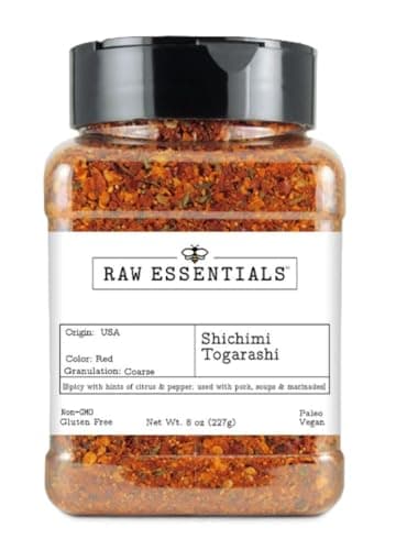 Raw Essentials Shichimi Togarashi Japanese Spice Blend with Spicy, Citrusy, and Peppery Notes - for Ramen, Sushi, Pork Dishes, Soups and Marinades - Non-GMO, Gluten Free, Paleo and Vegan - 8 oz Bottle