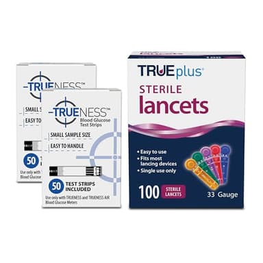 TRUENESS Blood Glucose Test Strips 100ct + 100 Lancets - Ideal for Testing Blood Sugar Levels - Compatible with TRUENESS Meters for Accurate Diabetes Monitoring