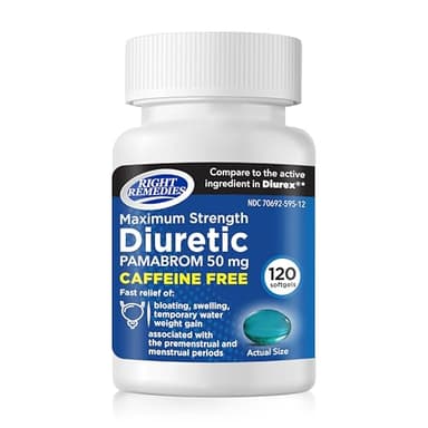 RIGHT REMEDIES Maximum Strength Caffeine-Free Diuretic Softgels, (120 Softgels), Pamabrom 50mg, Helps Relieve Heaviness Due to Water Weight gain