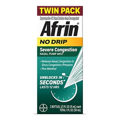 Afrin No Drip Severe Congestion Nasal Mist Twin Pack, Non-Drowsy, Fast-Acting Decongestant for Nasal Congestion and Sinus Pressure Relief, Adults and Children 6 and Older, .5 fl oz (Pack of 2)