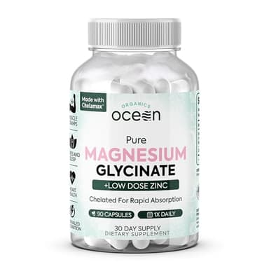 Organics Ocean Pure Magnesium Glycinate with Zinc - Maximum Strength Chelated Magnesium Supplement for Women and Men for Muscle Cramps and Sleep Support - 90 Capsule