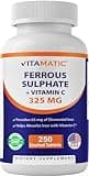 Vitamatic Ferrous Sulfate 325 mg with Vitamin C 100 mg (65 mg Elemental Iron) – High Potency Iron Supplement – No Artificial Colors – 250 Coated Tablets, Made in USA