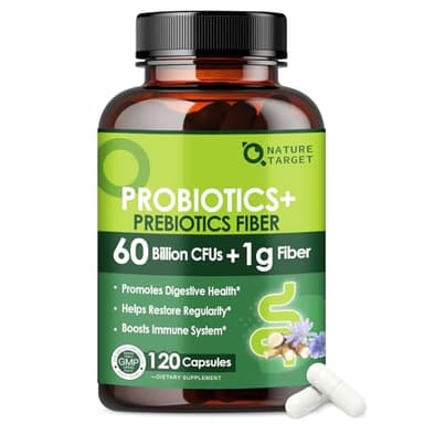 NATURE TARGET Prebiotic Fiber Supplement with 60 Billion Probiotics for Digestive Health - Prebiotics and Probiotics for Women & Men Regularity, Supports Occasional Constipation - 120 Veggie Capsules