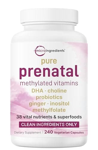 Micro Ingredients Pure Methylated Prenatal Vitamins for Women, 240 Veggie Capsules | 38-in-1 with DHA, Choline, Probiotics, Inositol, & Vitamin C, D, B Complex + Methylfolate, & Iron | No Fillers