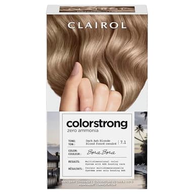 Clairol ColorStrong Permanent Hair Dye, Ammonia‑Free, PPD‑Free, 100% Gray Coverage with Bonding System, 7.1 Dark Ash Blonde - Bora Bora Hair Color, Pack of 1