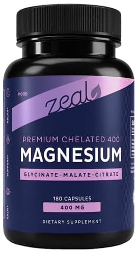 Zeal Naturals Triple Magnesium Complex Supplement - Glycinate, Malate, Citrate | 400mg, 180 Capsules | High Absorption Chelated Magnesium for Sleep, Mood, Muscle Recovery, Relaxation
