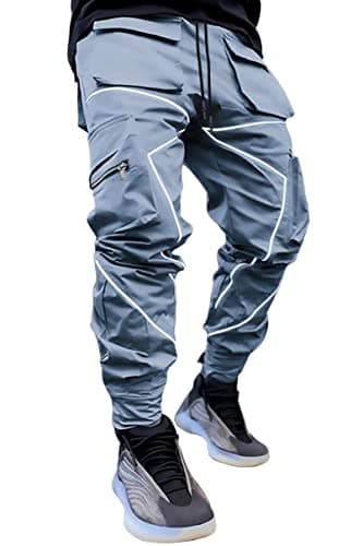 BOOMLEMON Men's Cargo Jogger Pants Reflective Technical Hip Hop Harem Pants Punk Streetwear Tactical Track Pants(Grey M)