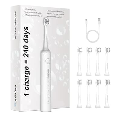 240 Days Battery Life Rechargeable Electric Toothbrush for Adults,with 2500mAH Large Capacity, 8 Pack Replacement Brushheads,3 Classic Modes,2 Min Smart Timer Battery Toothbrush,White