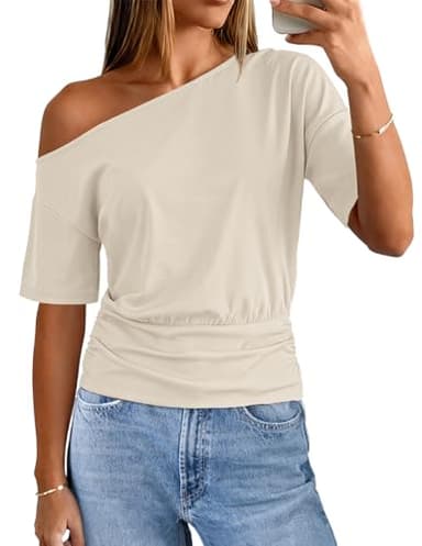 MEROKEETY Women's Off The Shoulder Short Sleeve Tops 2026 Summer Casual Going Out Trendy Y2k T Shirts, Apricot, Medium