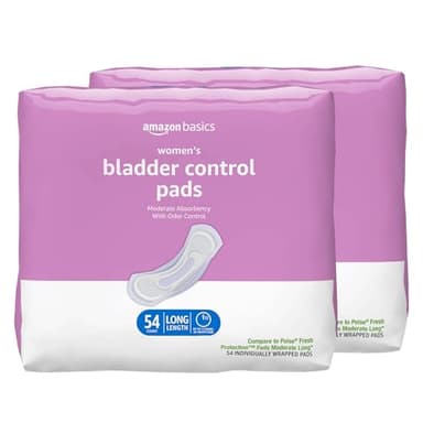 Amazon Basics Incontinence Pads for Women, Postpartum, Long, Bladder Control, Moderate Absorbency, Unscented, 108 Count (2 Packs of 54)
