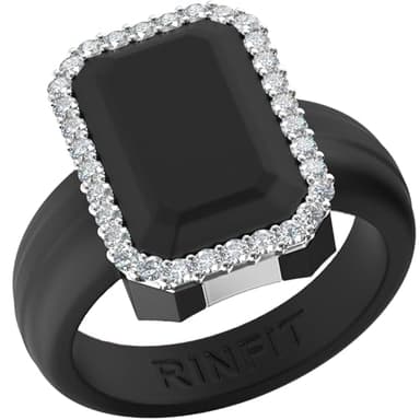 Rinfit Women's Silicone Wedding Band - Promise Rings for Her - Emerald Cut with Cubic Zirconia - Black/Silver - Size 6