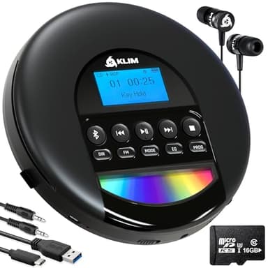KLIM Nomad Portable CD Player with Long-Lasting Battery - with Headphones - Radio FM - Compatible MP3 CD Player Portable - 16GB TF Card - Radio FM Bluetooth - Ideal for Cars - Black