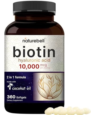 Biotin 10000mcg + Hyaluronic Acid 25mg | 360 Coconut Oil Softgels, Premium Biotin Vitamins for Hair Skin and Nails, Highly Purified and Bioavailable, Quick Release