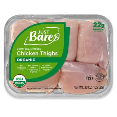 Reduced Shelf Life, Just Bare® USDA Organic Fresh Chicken Thighs | Antibiotic Free | Boneless | Skinless | 1.25 LB