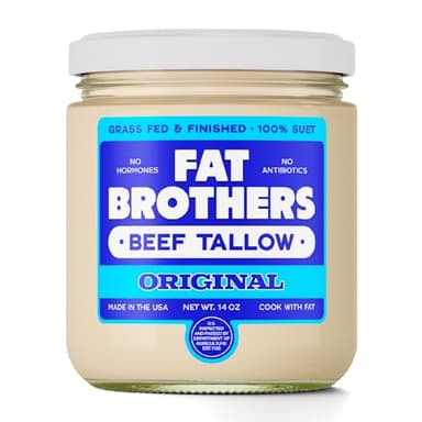 Fat Brothers Original Grass-Fed Beef Tallow, USA Made and Sourced, 100% Suet, 14oz Wide-Mouth Jar, No Added Hormones or Antibiotics, For Cooking, Frying, Baking, Skincare, & More
