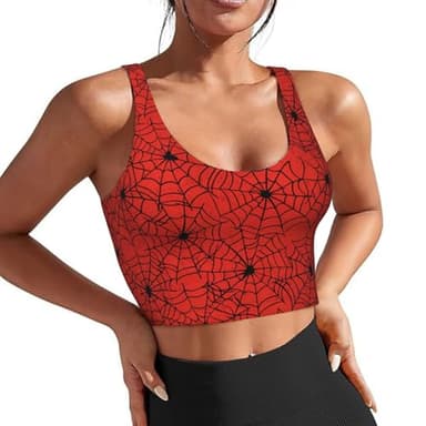 FeHuew Spider Webs Red Sports Bras for Women - Built in Bra Tank Tops Longline Wirefree Workout Running Bra with Removable Pads, Large