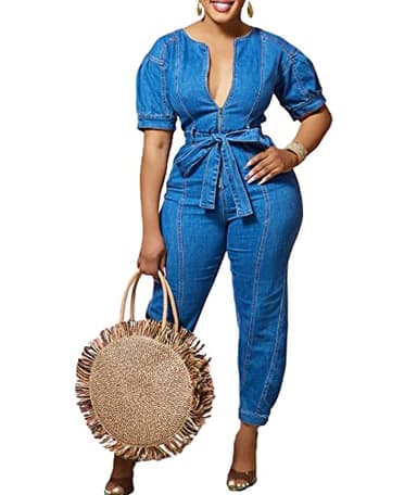 ECDAHICC Women's Sexy Short Sleeve Night Club Denim Jumpsuits One Piece Deep V Neck Zip Stretchy Rompers with Belt (BE,L)