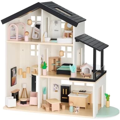 Best Choice Products Pretend Play Wooden Doll House with 40 Interactive Accessories, 3-Story Modern Toy Dollhouse Playset with 6 Rooms for Kids - White