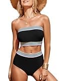 Herseas Women High Waisted Bikini Set High Cut Bandeau 2 Piece Strapless Tummy Control Swimsuit Travel Beach Outfits Black Medium