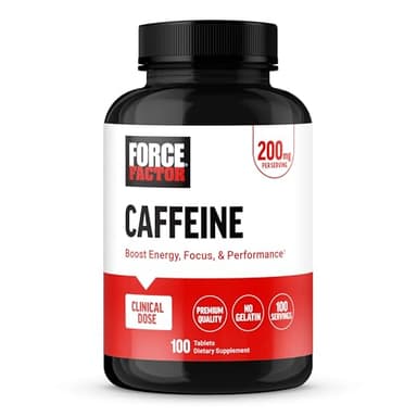 Force Factor Caffeine Pills 200mg, Boost Energy, Focus, Strength, and Performance, Premium Quality Tablets, Energy Support Supplement, 100 Tablets