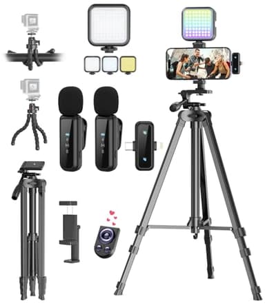 Vlogging Kit for iPhone/Android, YouTube Starter Kit with Wireless Microphone/Camera Tripod/Flexible Tripod/RGB Fill Light, Content Creator Essentials Kits for TikTok Vlog Video Recording