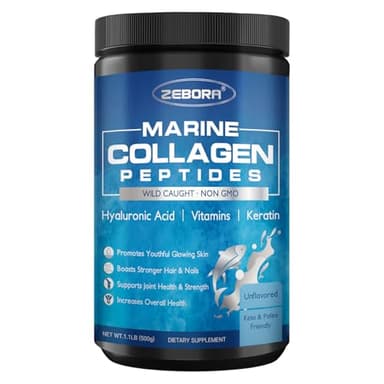 ZEBORA Marine Collagen Peptides Powder 50 Servings - Wild Caught Hydrolyzed Fish Collagen with Hyaluronic Acid, Keratin, Multivitamins - Collagen for Women Support Skin Hair Nail Joint, Keto Friendly