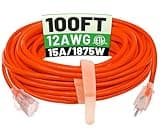 POWGRN 100 ft 12/3 Outdoor Extension Cord Waterproof Heavy Duty with Lighted Indicator End 12 Gauge 3 Prong, Flexible Cold-Resistant Long Power Cord Outside, 15Amp 1875W SJTW Orange ETL Listed