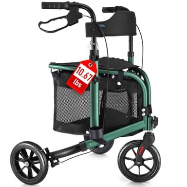 WALK MATE 3 Wheel Rollator Walker with Seat for Slim Seniors, Padded Backrest Lightweight Foldable Travel Walker Ideal for Elderly, 8 Inch Tri-Wheel Modern Mobility Walking Aid Aluminum, Green