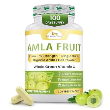 Organic Veda Amla Capsules - 1500mg, 300 Capsules - Natural Vitamin C Supplement with Antioxidants, Polyphenol for Immunity, Skin Glow & Hair Growth - Single Origin Premium Organic Amla Fruit Powder