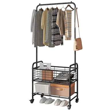 SUOERNUO Laundry Cart with Hanging Rack Rolling Laundry Hamper Sorter with Wheels Shelf,Black