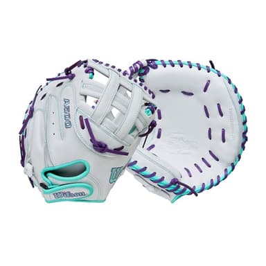 Wilson 2026 A500 Siren 32" Fastpitch Softball Catchers Mitt - Right Hand Throw, White/Seafoam/Purple