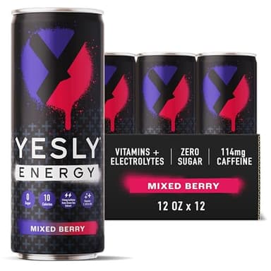 Yesly Energy Drink, Mixed Berry, Naturally Flavored Sparkling Energy Drink With Electrolytes, Magnesium, Potassium, Vitamin C, B6 & B12, Natural Caffeine From Green Tea, 12 Fl Oz Cans, 12 Pack