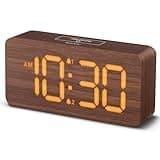 uscce Wooden Digital Alarm Clocks for Bedrooms: Dimmable Dual Alarm Clock with Large Numbers for Bedside Desk - Brown