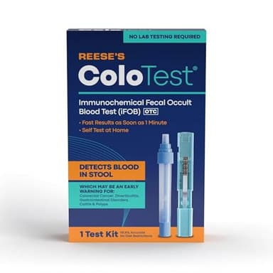 Reese's ColoTest, FIT Immunochemical Fecal Occult Blood Test Kit at Home, 1 Ct, Easy to Use Colon Health Screening, Detects Hidden Blood in Stool, 1-Minute Results, 98.8% Accurate