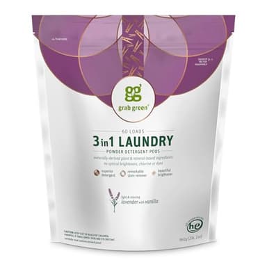 Grab Green Natural 3 in 1 Laundry Detergent Pods, Lavender + Vanilla-with Essential Oils, Organic Enzyme-Powered, Plant & Mineral-Based, White, 34 Oz, 60 Count