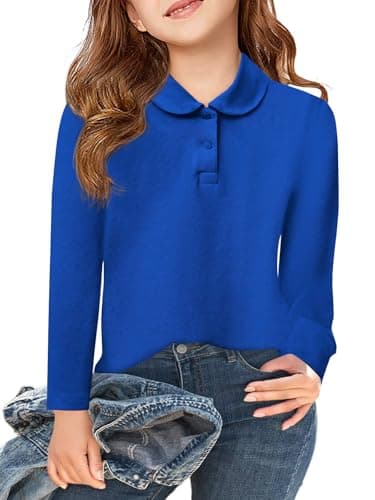 Haloumoning Girls Long Sleeve Polo Shirts Kids Peter Pan Collar School Uniform Shirts Cute Tops 5-14Y Royal Blue