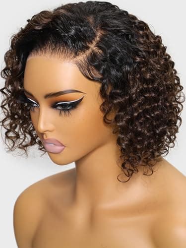 UNICE 12 inch Short Curly Bob Wig Human Hair Bye Bye Knots Glueless Wigs Pre Plucked Pre Cut Bleached Knots 7x5 Lace Closure Ready to Go Human Hair Bob Wig Ombre Brown Color