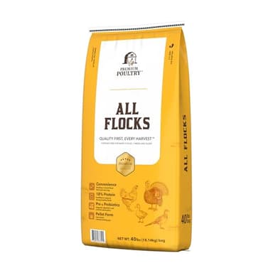 Premium Poultry All Flocks Chicken Feed Pellets, 18% Protein with Pre and Probiotics for Mixed Flocks, Supports Growth & Digestion, 40 Pounds